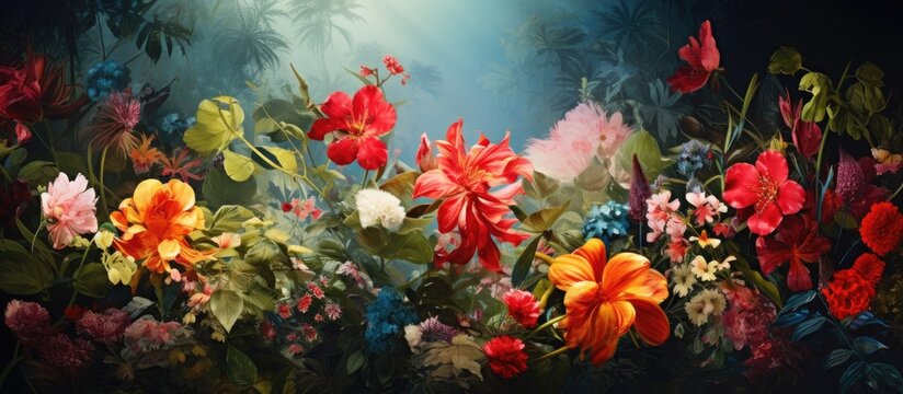 A vibrant painting of a bunch of flowers showcasing a mesmerizing array of colors against a black background. The red petals stand out beautifully amidst lush green foliage.
