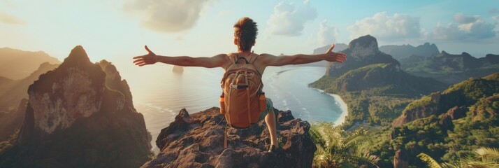 Obraz premium Tourist athlete rejoices climbing a mountain in a tropical country, success and goal achievement concept, man raised his hands up in delight, banner