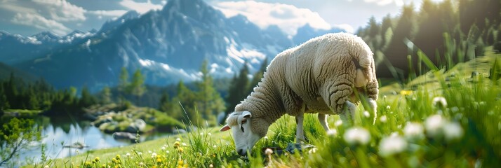 Sheep grazing in a mountain meadow. Agriculture industry and livestock husbandry. Design for banner, poster with copy space. Panoramic landscape