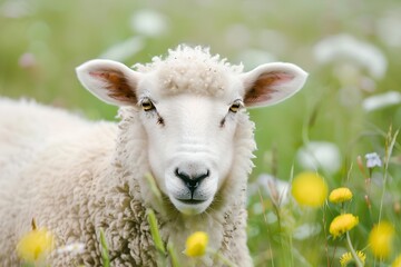 Sheep in the green field. Close-up shot. Agriculture industry and livestock husbandry. Design for banner, poster 