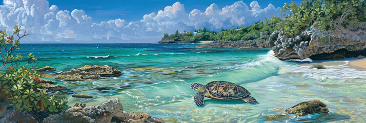A serene turtle swims near the shore of a crystal-clear tropical sea, with waves gently breaking on a sandy beach under a bright blue sky