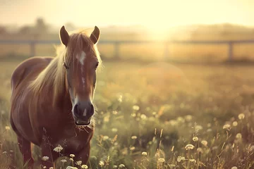 Foto op Plexiglas Horse standing in a flower field at sunset. Agriculture industry and livestock husbandry. Freedom concept. Design for banner, poster with copy space © dreamdes