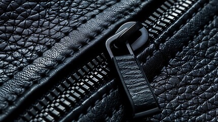 Close-up view of elegant black leather texture with a metal zipper - obrazy, fototapety, plakaty