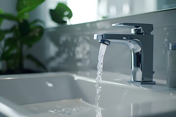 Water running from modern stainless steel faucet in a bathroom sink. Concept Home Decor, Interior Design, Modern Bathroom, Stainless Steel Faucet, Water Flow
