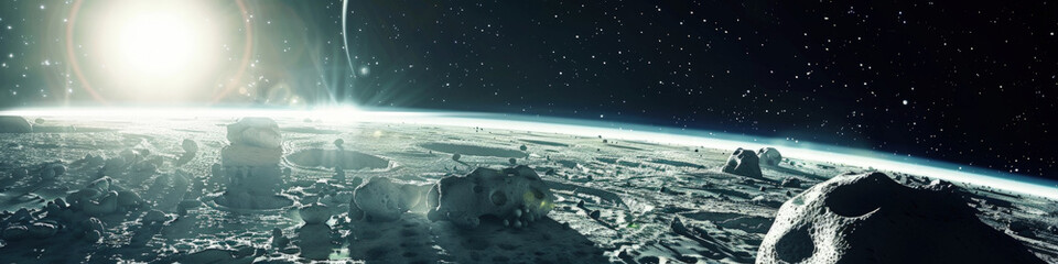 A breathtaking view of the sun rising over the moons horizon, illuminating rocky terrain with a comet streaking the star-filled sky