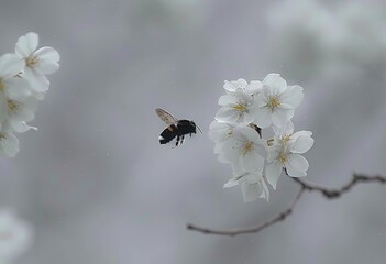 A bee flying near white blossoms Generative AI