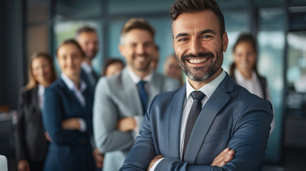 Smiling business team gathered together in office setting.