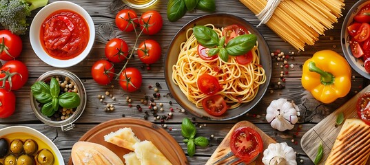Fresh organic ingredients for Italian pasta dish on rustic wooden table background.