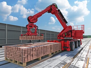 A red crane is lifting a pallet of bricks. The crane is large and has a long arm. The scene is industrial