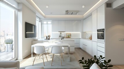 A modern urban apartment kitchen styled with white furnishings for a clean look