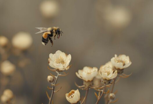 close up of flying bee near white flowers in spring, blurred background, copy space concept Generative AI