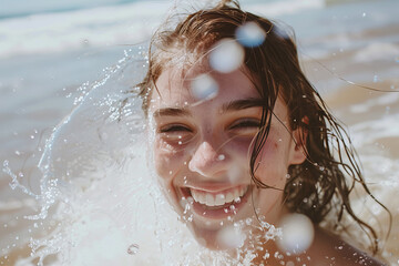 A woman is smiling and splashing water on her face