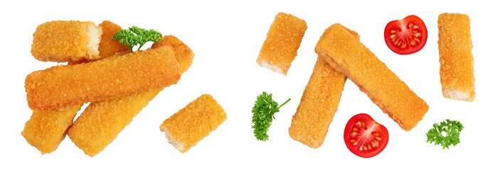 Fish finger or stick with parsley isolated on white background. Top view. Flat lay.