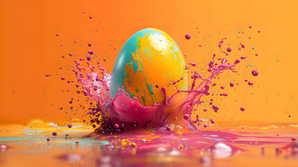 Plakaty  easter egg in a color explosion or splash on orange background