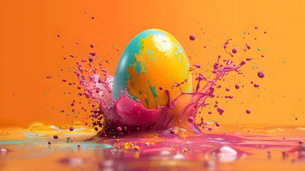 Fotobehang easter egg in a color explosion or splash on orange background © Prasanth