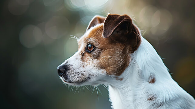 This image features a close-up of a dog with white fur and brown patches, focusing intently on something to its left
