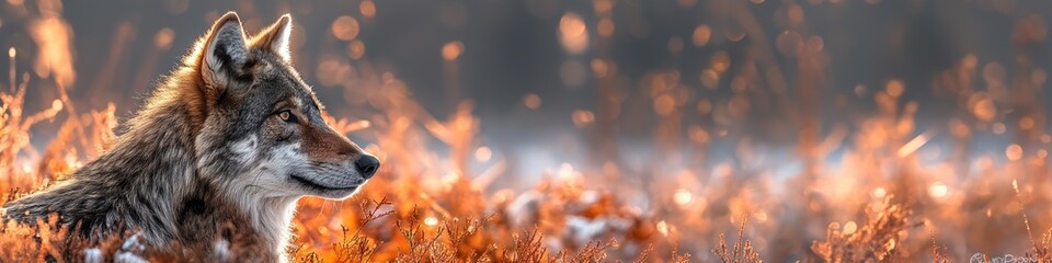 Fototapeta premium portrait of gray wolf canis lupus in summer field in forest
