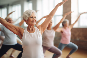 Graceful Balance: Senior Woman Leading a Fitness Class with Poise
