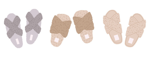 Domestic footwear. Cozy home slippers, soft and comfy textile slippers, female house shoes flat vector illustration set. Fluffy footwear collection