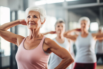 Senior Strength: Empowered Elderly Women in Fitness Class - obrazy, fototapety, plakaty
