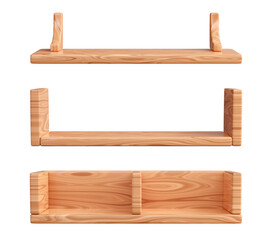 Empty wooden wall shelf with different mounting. 3D render illustration