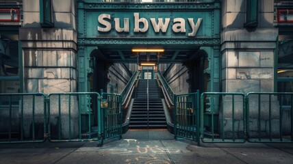 an empty subway station entrance, featuring green metal railings and a prominent Subway sign against a blank background, offering a clean and minimalist aesthetic.