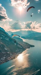 Happy paragliders flying on a paraglider, aerial view of flying paragliders