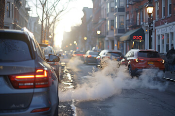 Cars emitting exhaust fumes on the roads, polluting the environment and spoiling the air
