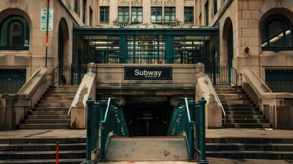 an empty subway station entrance, featuring green metal railings and a prominent Subway sign against a blank background, offering a clean and minimalist aesthetic.