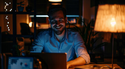 Fototapeta na wymiar Smiling businessman working late in dark office.
