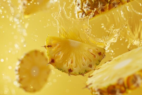 Fresh ripe sliced pineapple in splashes of water, healthy fruit