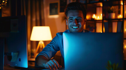 Smiling businessman working late in dark office. - obrazy, fototapety, plakaty