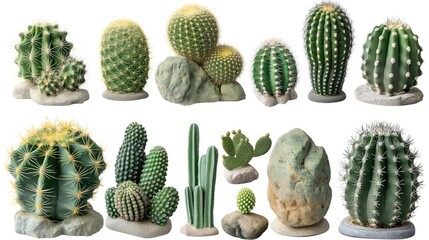 A collection of different types of cactus on a white background