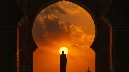 Spiritual dawn: A solitary figure framed by an arch with the sun rising directly behind, symbolizing hope and renewal in Islamic tradition - obrazy, fototapety, plakaty