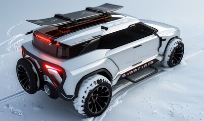 Mid size suv concept with a snowboard on the roof