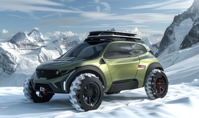Mid size suv concept with a snowboard on the roof - obrazy, fototapety, plakaty