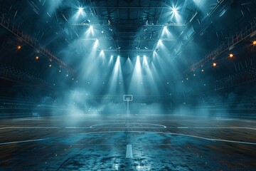 Explore an unpopulated basketball arena, stadium, or sports ground illuminated by dazzling flashlights, highlighting vacant fan seats that allude to the electric atmosphere poised  - obrazy, fototapety, plakaty