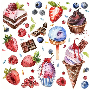 Watercolor set of ice cream and ingredients, berries, chocolate on a white background. Stickers, illustration