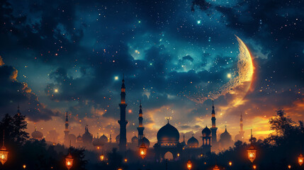 Harmony of celestial and spiritual: A mosque silhouette against a backdrop of a starry sky and crescent moon symbolizing the connection between heaven and earth during the holy nights of Ramadan, Eid 