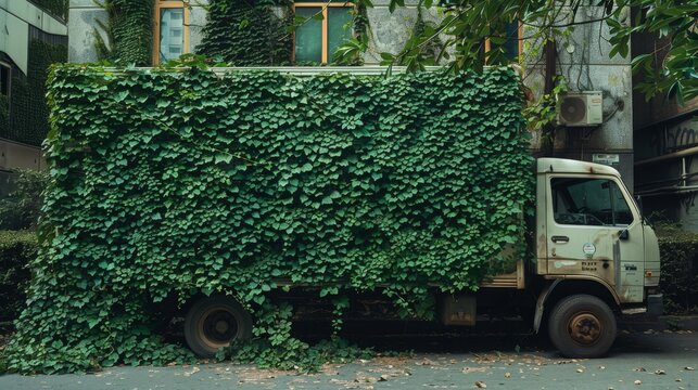 truck covered with green leaves, concept: sustainability in transportation, 16:9