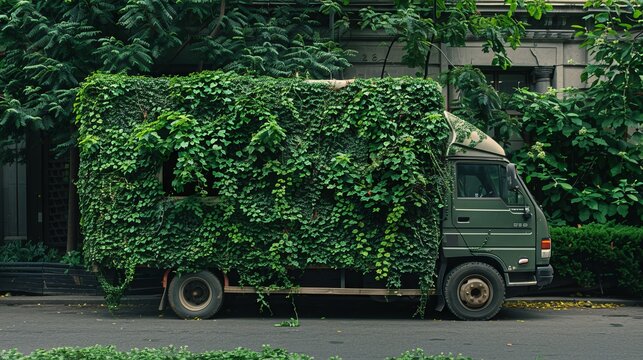 truck covered with green leaves, concept: sustainability in transportation, 16:9