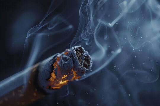 A cigarette is lit and the smoke is billowing out of it