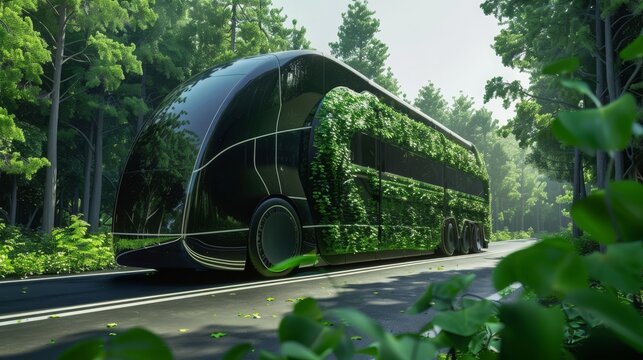 futuristic truck covered with green leaves on the road, concept: sustainability in transportation, 16:9