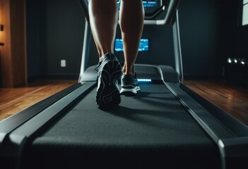 An individual runs on a treadmill in a modern gym setup. The focus on fitness and exercise is evident.