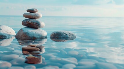 symmetrical balance, Stacked stones on the water, nature background, keep calm, copy and text space, 16:9 - obrazy, fototapety, plakaty