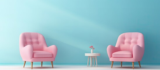 Pair of pink chairs placed in a room with blue walls accompanied by a small table for added functionality - obrazy, fototapety, plakaty