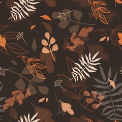 Brown botanical magic floral wildflowers seamless pattern, black background