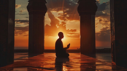 Devotee in prayer at sunset within mosque pillars. Embracing the serenity of Ramadan, Eid al-Fitr, and Eid al-Adha for design and print - obrazy, fototapety, plakaty