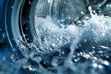Water splashing in washing machine drum during laundry cycle. Concept Household appliances, Laundry tips, Water efficiency, Washing machine maintenance, Cleaning routines