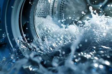 Fotobehang Water splashing in washing machine drum during laundry cycle. Concept Household appliances, Laundry tips, Water efficiency, Washing machine maintenance, Cleaning routines © Anastasiia